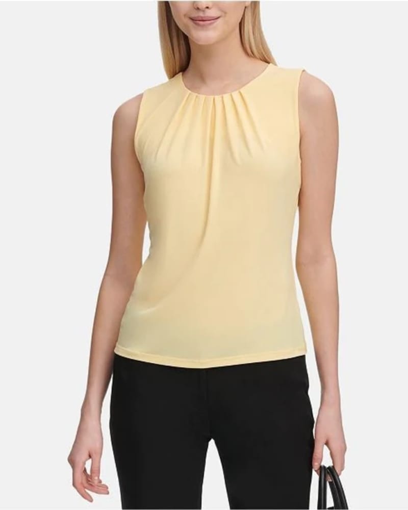 Front of a model wearing a size 3X Calvin Klein Women's Plus Pleated Top Yellow Size 3X in Yellow by Calvin Klein. | dia_product_style_image_id:311193